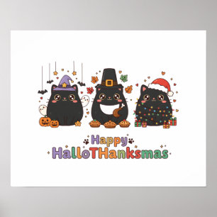 Poster Gatos Pretos Kawaii Feliz HalloThanksmas