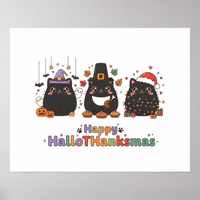 Poster Gatos Pretos Kawaii Feliz HalloThanksmas  (Frente)