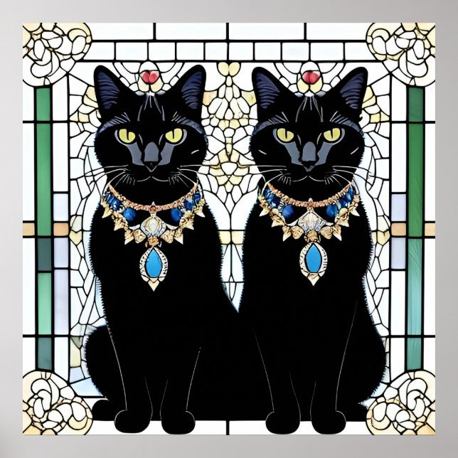 Poster Gatos Pretos Reais Arte de Parede em Jóias de Vidr (Frente)