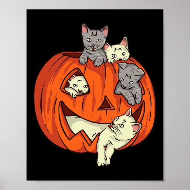 Poster Gatos Pumpkin Esculpido Jack O Lanterna Cat Hallow (Frente)