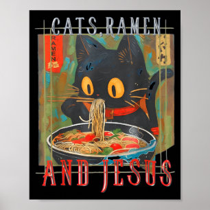 Poster Gatos Ramen e Jesus Design Divertido de Gato Crist