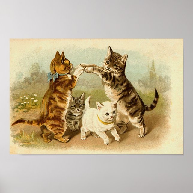 Póster Gatos Reproduzindo Ilustração Vintage (Frente)