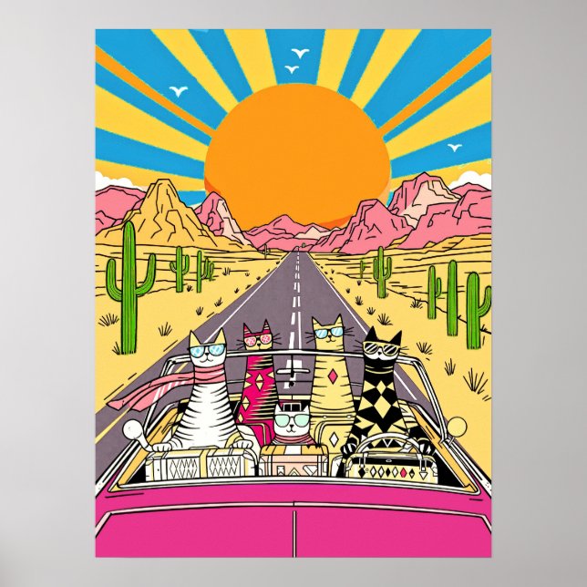 Poster Gatos retrô de férias em uma viagem de carro (Frente)