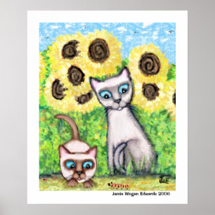Póster Gatos Siamese com Caterpillar & os girassóis