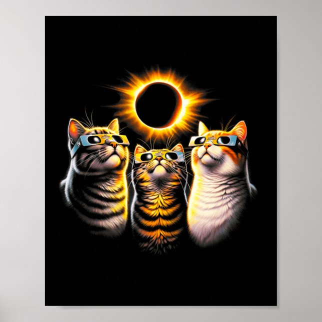 Poster Gatos Vestindo Óculos De Eclipse Solar Olhando Lua (Frente)
