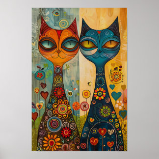 Poster Gatos Whimsical em Harmonia: Arte Folclórica Color