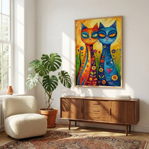 Poster Gatos Whimsical em Harmonia: Arte Folclórica Color