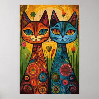 Poster Gatos Whimsical em Harmonia: Arte Folclórica Color
