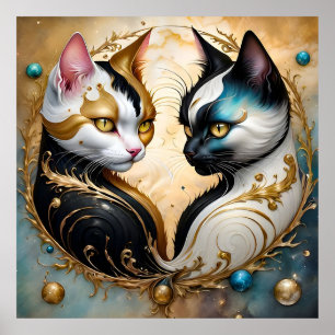 Poster Gatos Yin-Yang com Elementos Cósmicos Mágicos