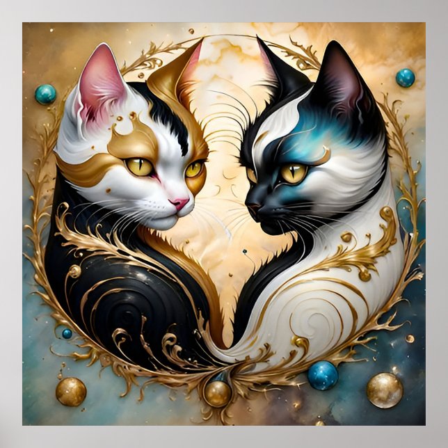 Poster Gatos Yin-Yang com Elementos Cósmicos Mágicos (Frente)