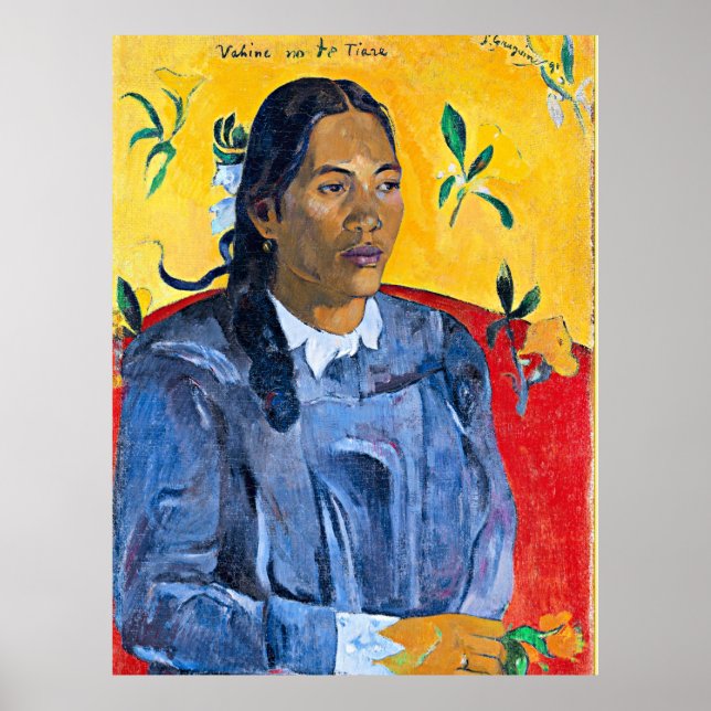 Poster Gauguin - Mulher com uma pintura de flor, retrato (Frente)