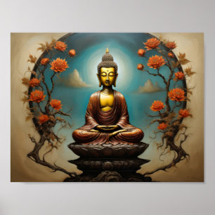 Poster Gautama Buda meditando com árvore de flores