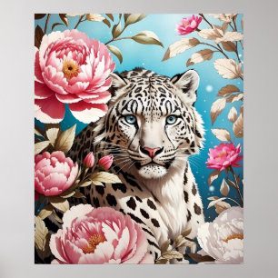 Poster Gaze-Leopardo-Da-Neve Em Greve E Pêonias Rosa