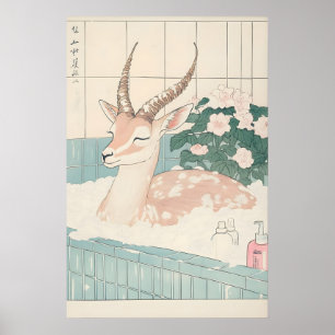 Poster Gazela na Banheira Gravura Ukiyo-e Animal Engraçad