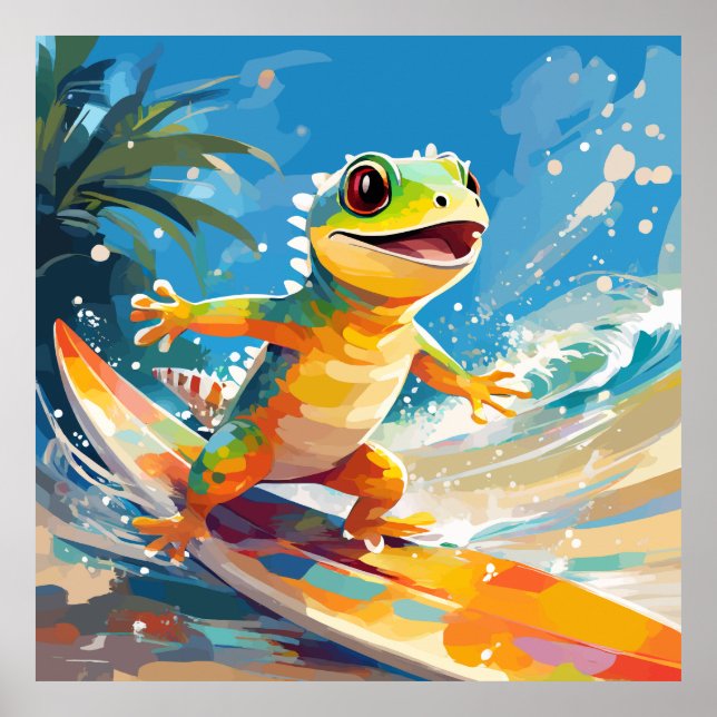 Poster Gecko Surfando Andando As Ondas (Frente)
