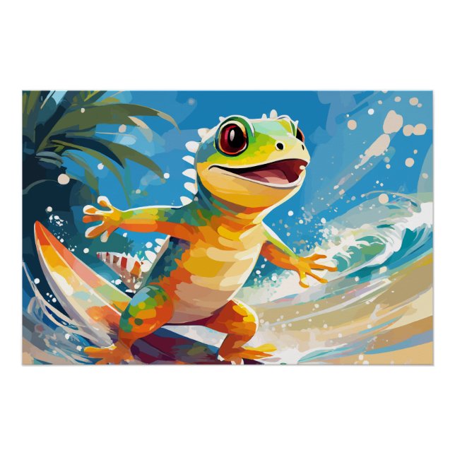 Póster Gecko Surfando Andando As Ondas (Frente)