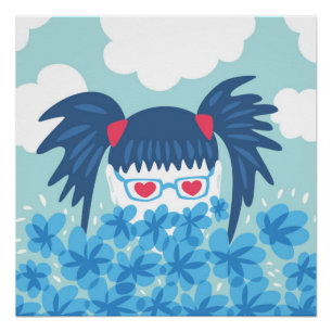 Póster Geek Com Cabelo Azul E Flores