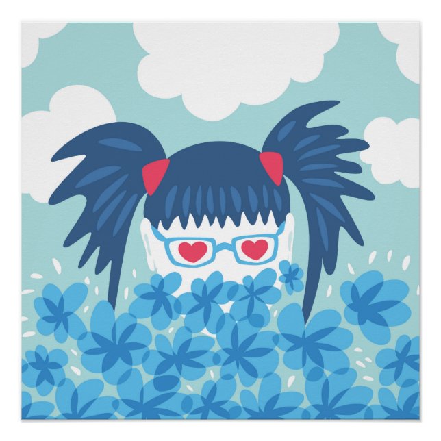 Póster Geek Com Cabelo Azul E Flores (Frente)