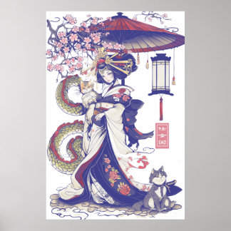 Poster Geisha com dragão e gatos 37009