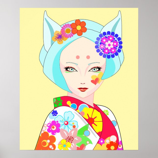 Poster Geisha com Flores Pop Art (Frente)