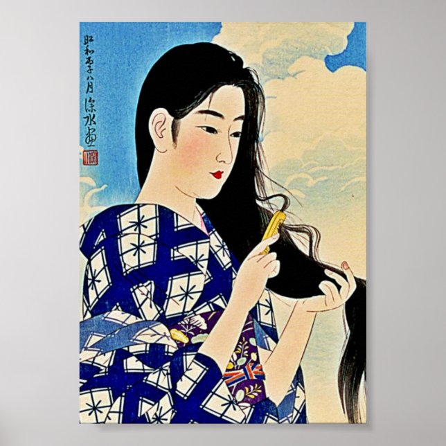 Póster Geisha Combing Hair Japonês Woodblock Ukiyo-E Art (Frente)