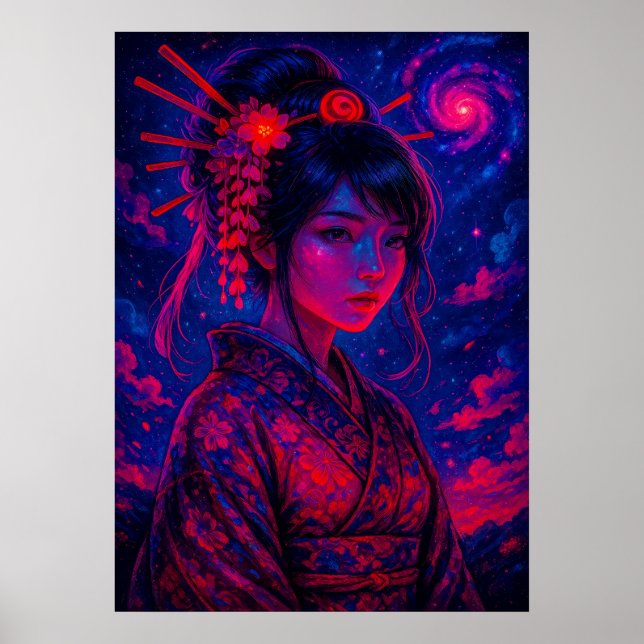 Poster Geisha Cósmica com Galaxy Sky Fantasy Japonês (Frente)