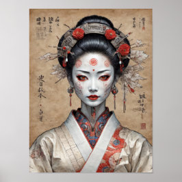 Poster geisha cyberpunk japonesa em pergaminho