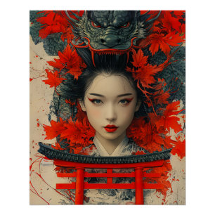 Póster Geisha & Dragon - Arte Japonesa