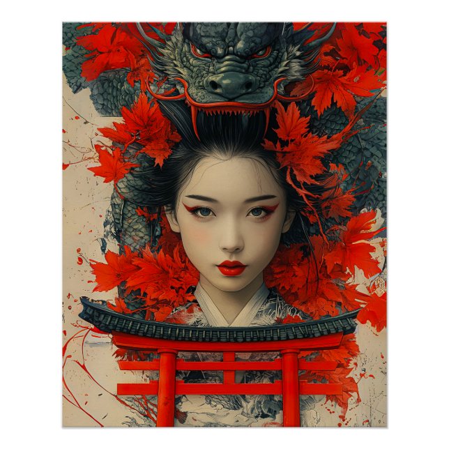 Póster Geisha & Dragon - Arte Japonesa (Frente)