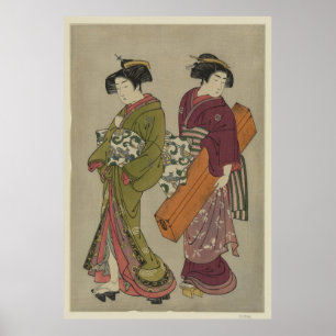 Poster Geisha e um carregando de serviço, sua caixa de s