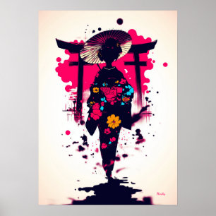 Poster Gêisha Elegante sob o Portão Torii