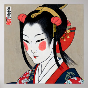 Poster Geisha Em Red Blue Kimono   Ukyio-e Arte Japonesa
