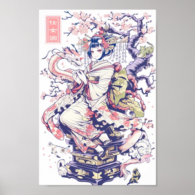 Poster Geisha Girl With Dragon and Cats 37002 (Frente)