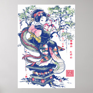 Poster Geisha Girl With Dragon and Cats 37004