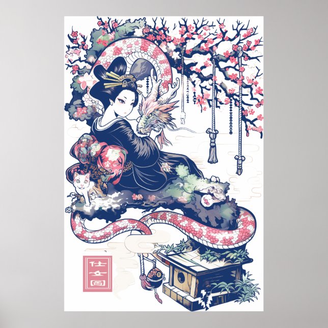 Poster Geisha Girl With Dragon and Cats 37005 (Frente)