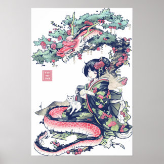 Poster Geisha Girl With Dragon and Cats 37006