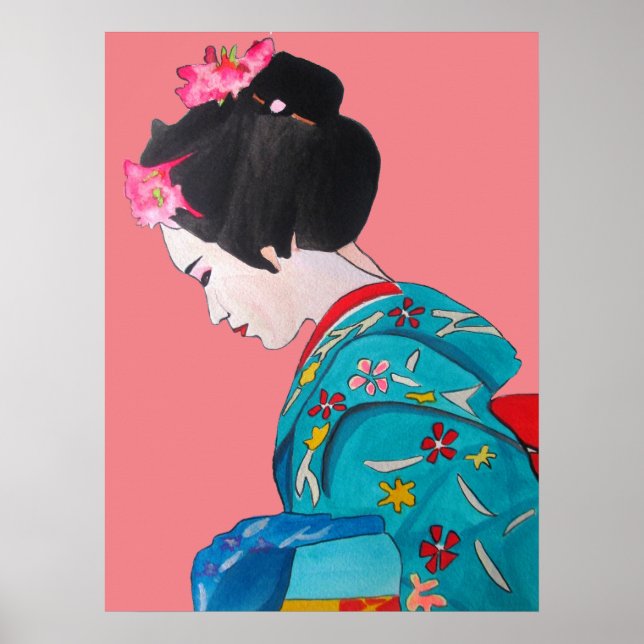 Poster Geisha Japonês com Cherry Blossoms belas artes (Frente)