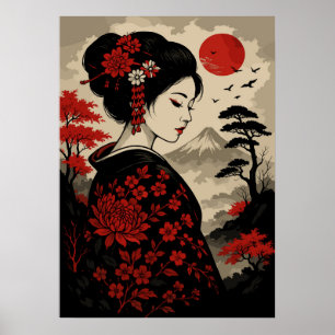 Poster Geisha Japonês com Flores Vermelhas e Monte Fuji