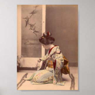 Poster Geisha japonesa antiga tocando o shamisen