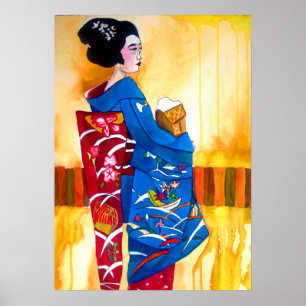 Poster Geisha japonesa com arte original quimono azul