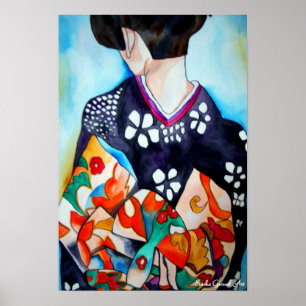 Póster Geisha japonesa com arte original quimono azul