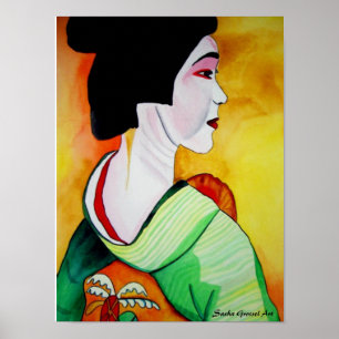 Póster Geisha japonesa com arte original verde kimono