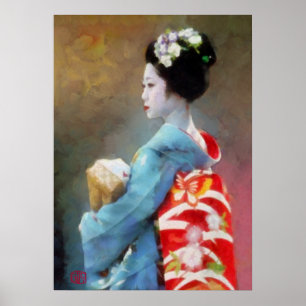 Poster Geisha na arte azul quimono