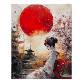 Póster Geisha Poster, Elegante Estilo Ukiyo-e Geisha