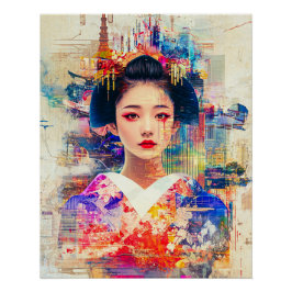 Póster Geisha Poster Ukiyo e, Watercolor Geisha