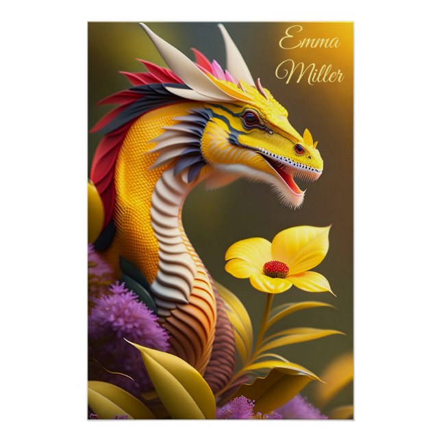 Póster Gelber Drache, fantasievolle Digital Art (Frente)