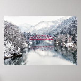 Poster Gelo e neve Ponte vermelha no inverno, Japão