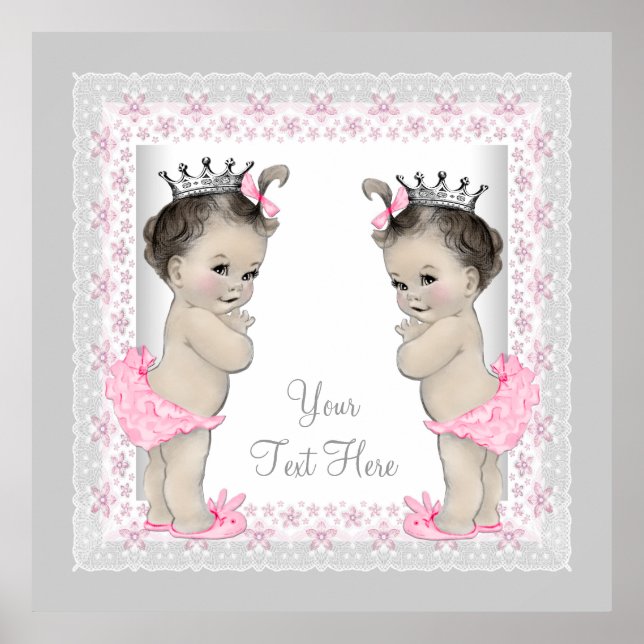 Poster Gêmea Bebê Menina Princesa Vintage Rosa (Frente)