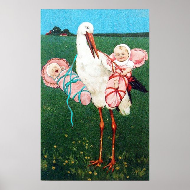 PÓSTER GÊMEAS DE CEGONHA BANHO DE BEBÊ MONOGRAMA, (Frente)