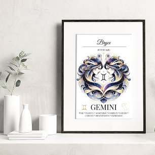 Poster Gemini Personalizado Elegante Zodiac Watercolor